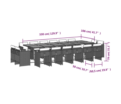 Set comedor de jardín 17 pzas y cojines ratán sintético gris