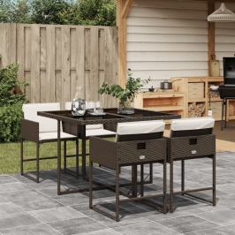 Set comedor de jardín 5 piezas y cojines ratán sintético marrón