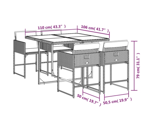 Set comedor de jardín 5 piezas con cojines ratán sintético gris