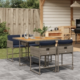 Set comedor de jardín 5 piezas con cojines ratán sintético gris