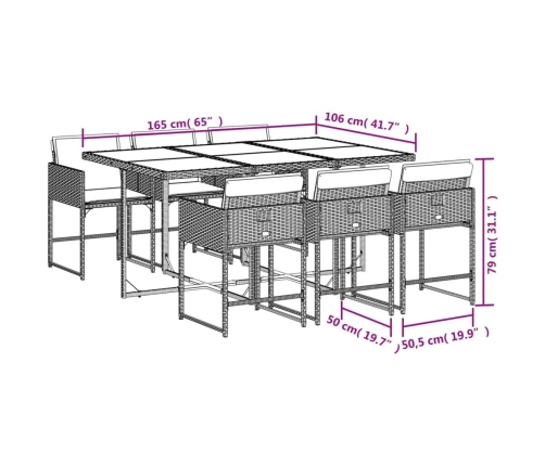 Set comedor de jardín 7 pzas con cojines ratán sintético marrón