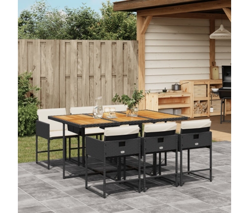 Set de comedor de jardín 7 pzas y cojines ratán sintético negro