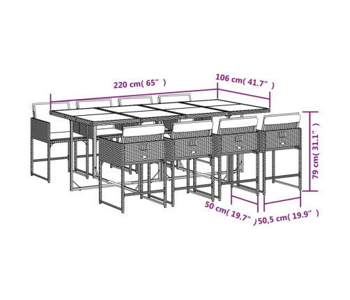 Set comedor para jardín 9 pzas y cojines ratán sintético marrón