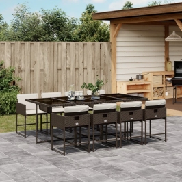 Set comedor para jardín 9 pzas y cojines ratán sintético marrón