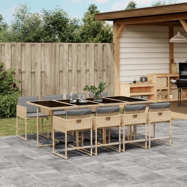 Set comedor de jardín 9 pzas con cojines ratán sintético beige