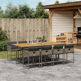 Set comedor jardín 9 pzas y cojines ratán sintético gris