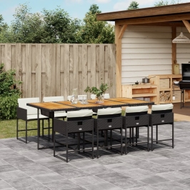 Set de comedor de jardín 9 pzas y cojines ratán sintético negro
