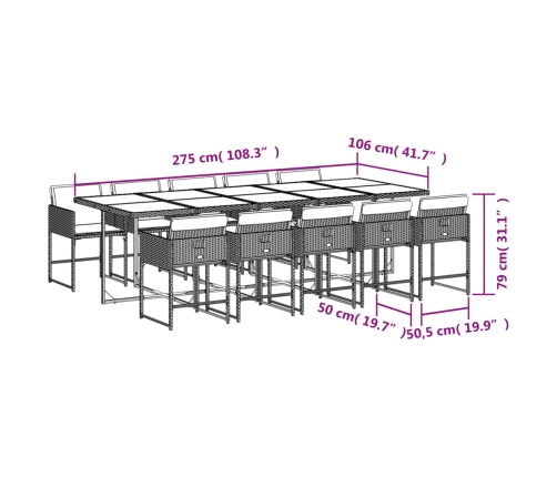 Set comedor de jardín 11 pzas y cojines ratán sintético marrón