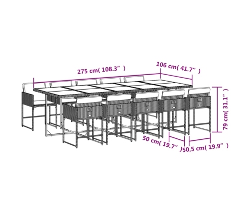 Set de comedor de jardín 11 pzas y cojines ratán sintético gris