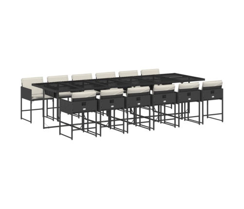 Set comedor de jardín con cojines 13 pzas ratán sintético negro