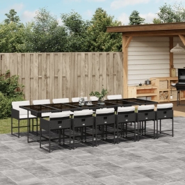 Set comedor de jardín con cojines 13 pzas ratán sintético negro