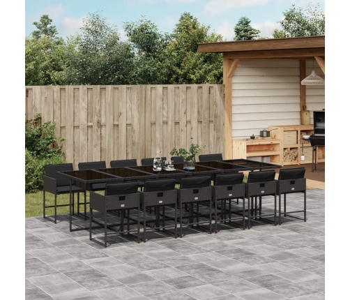 Set comedor de jardín con cojines 13 pzas ratán sintético negro