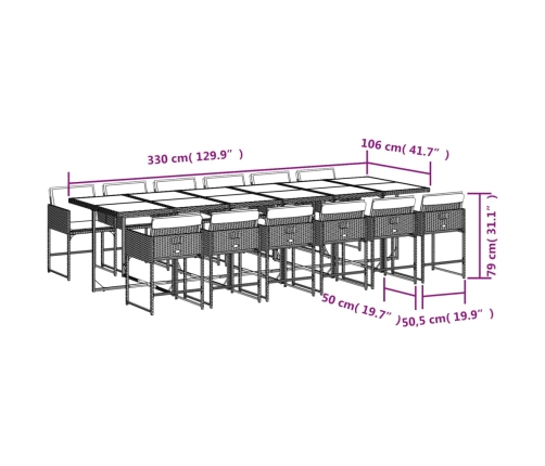 Set comedor jardín y cojines 13 pzas ratán sintético gris claro