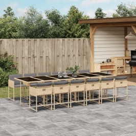 Set comedor de jardín con cojines 13 pzas ratán sintético beige