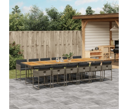 Set comedor de jardín con cojines 13 pzas ratán sintético gris