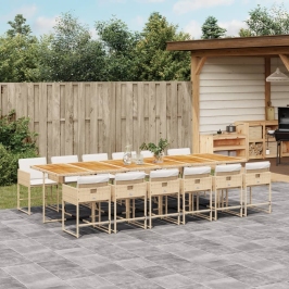 Set comedor de jardín con cojines 13 pzas ratán sintético beige
