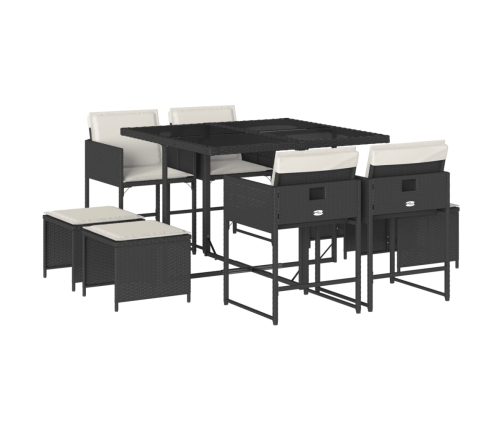 Set de comedor de jardín 9 pzas y cojines ratán sintético negro
