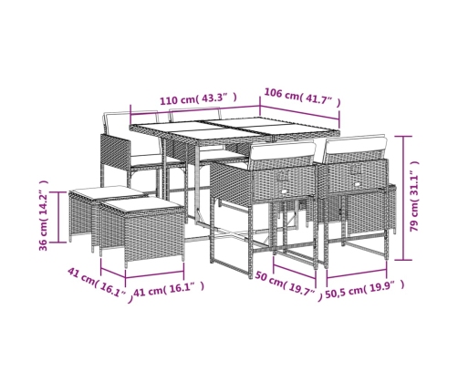 Set de comedor de jardín 9 pzas y cojines ratán sintético negro