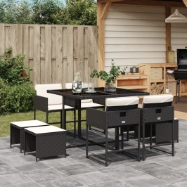 Set de comedor de jardín 9 pzas y cojines ratán sintético negro