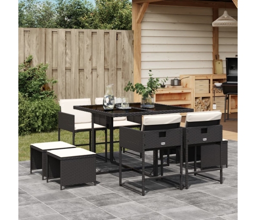 Set de comedor de jardín 9 pzas y cojines ratán sintético negro