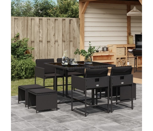 Set de comedor de jardín 9 pzas y cojines ratán sintético negro