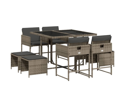 Set comedor jardín 9 pzas y cojines ratán sintético gris