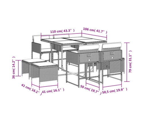 Set comedor jardín 9 pzas y cojines ratán sintético gris