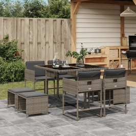 Set comedor jardín 9 pzas y cojines ratán sintético gris