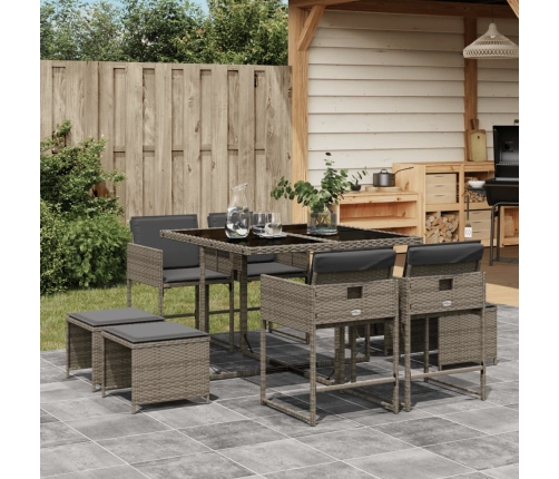 Set comedor jardín 9 pzas y cojines ratán sintético gris