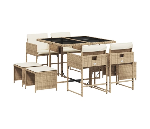 Set comedor de jardín 9 pzas con cojines ratán sintético beige