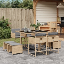 Set comedor de jardín 9 pzas con cojines ratán sintético beige