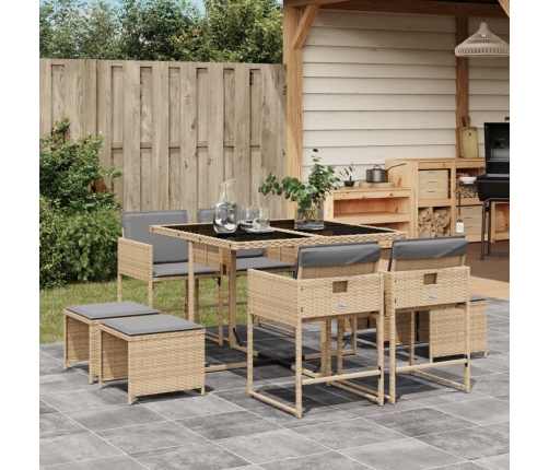 Set comedor de jardín 9 pzas con cojines ratán sintético beige