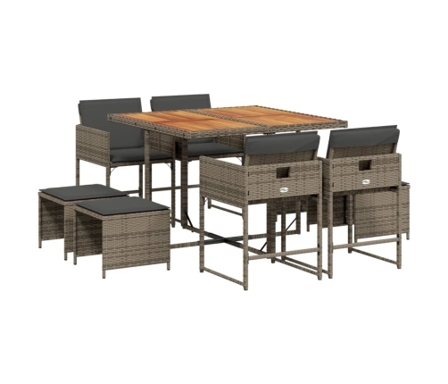 Set comedor jardín 9 pzas y cojines ratán sintético gris