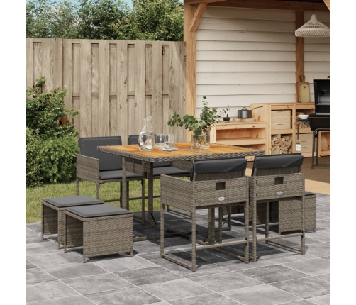 Set comedor jardín 9 pzas y cojines ratán sintético gris