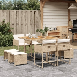 Set comedor de jardín 9 pzas con cojines ratán sintético beige
