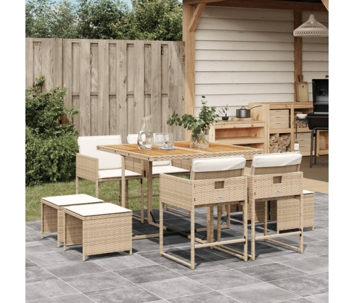 Set comedor de jardín 9 pzas con cojines ratán sintético beige