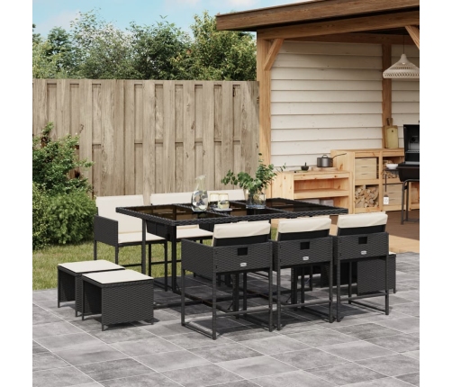 Set de comedor jardín 11 pzas con cojines ratán sintético negro