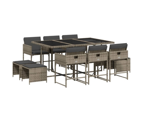 Set de comedor de jardín 11 pzas y cojines ratán sintético gris