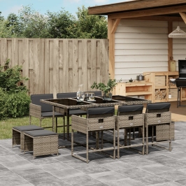 Set de comedor de jardín 11 pzas y cojines ratán sintético gris