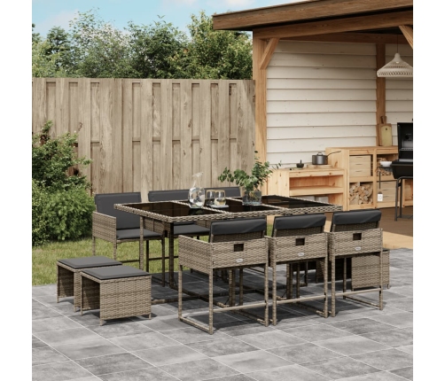 Set de comedor de jardín 11 pzas y cojines ratán sintético gris