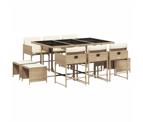 Set comedor de jardín 11 pzas con cojines ratán sintético beige