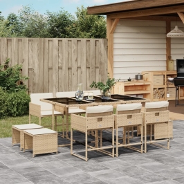Set comedor de jardín 11 pzas con cojines ratán sintético beige