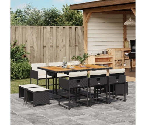 Set de comedor jardín 11 pzas con cojines ratán sintético negro