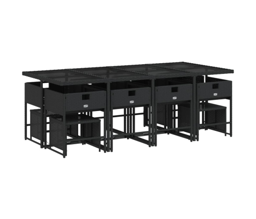 Set comedor de jardín con cojines 13 pzas ratán sintético negro