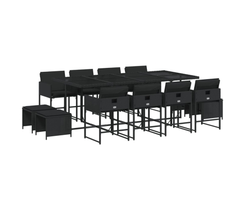 Set comedor de jardín con cojines 13 pzas ratán sintético negro