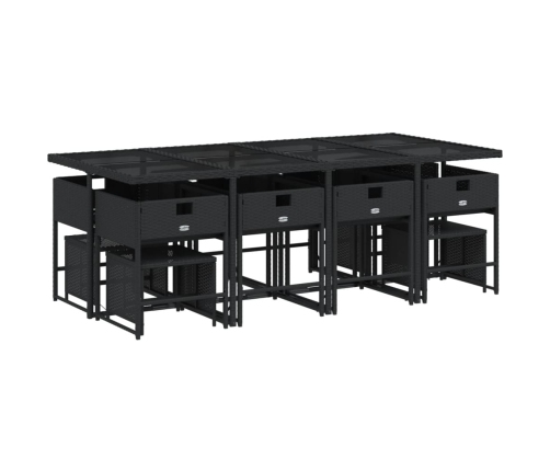 Set comedor de jardín con cojines 13 pzas ratán sintético negro