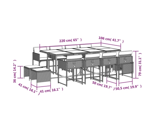 Set comedor de jardín con cojines 13 pzas ratán sintético negro