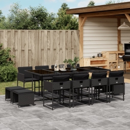 Set comedor de jardín con cojines 13 pzas ratán sintético negro
