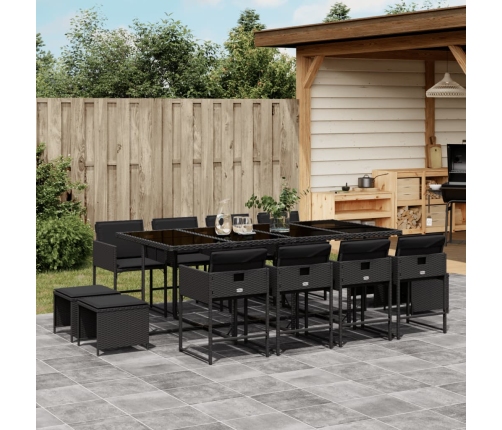Set comedor de jardín con cojines 13 pzas ratán sintético negro