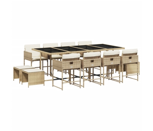 Set comedor de jardín con cojines 13 pzas ratán sintético beige